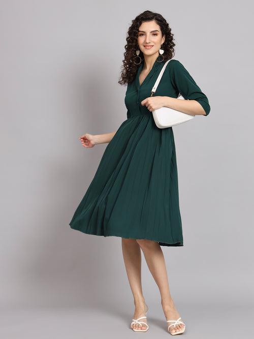 Pleated Flare Dress - Bottle Green