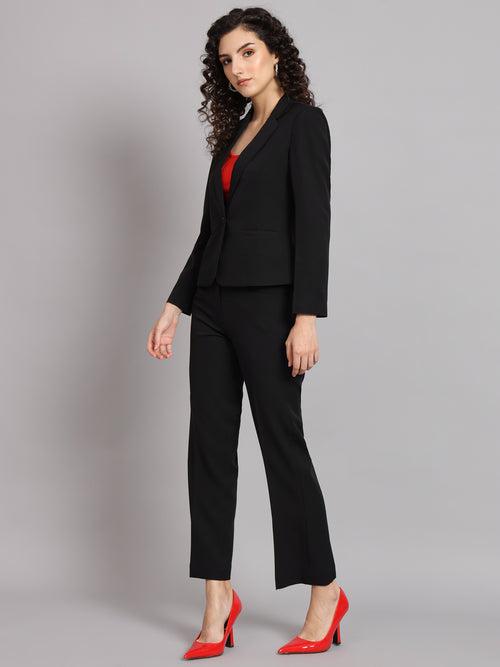 Short Blazer Notched Collar Polyester Pant Suit - Black