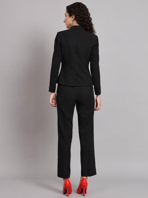 Short Blazer Notched Collar Polyester Pant Suit - Black