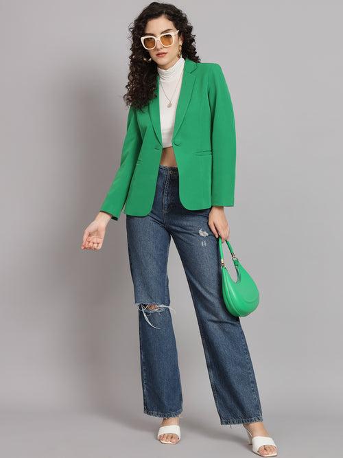 Notched Collar Polyester Blazer - Parrot Green