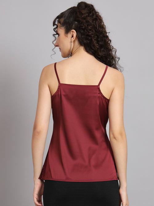 Sleeveless Satin Top With Cowl Neck - Maroon