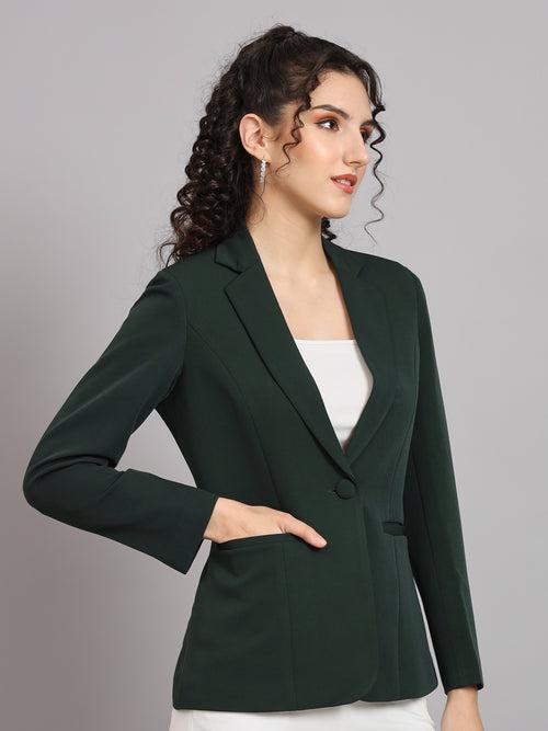 Notched Collar Polyester Blazer - Bottle Green