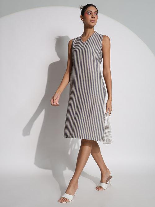 A-line Stripes Poly Linen Dress- Blue and Beige