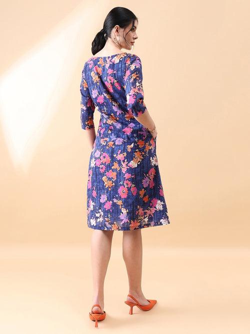 A-Line cotton floral printed dress- NAVY & ORANGE