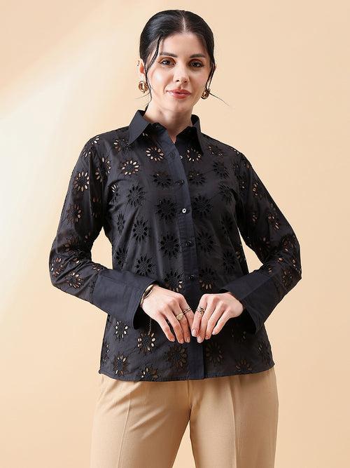 Schiffli Collared Shirt- Black