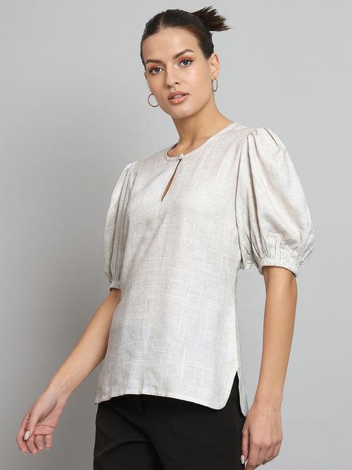 Balloon Sleeves Viscose Linen Top - Light Beige