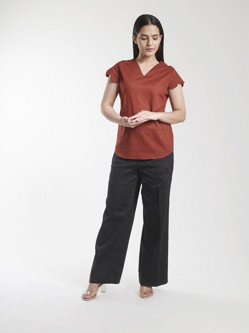 V Neck Scalloped Detailed Cotton Top - Brick Red