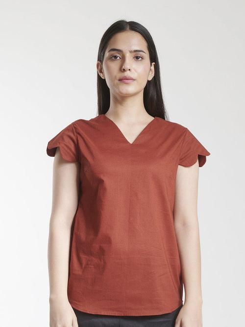 V Neck Scalloped Detailed Cotton Top - Brick Red