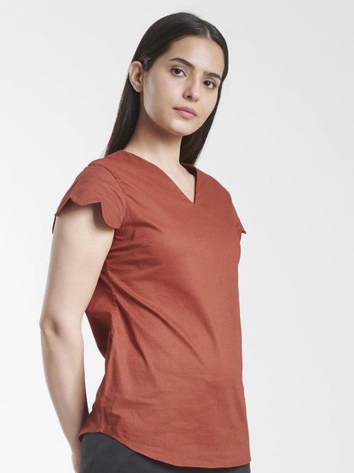 V Neck Scalloped Detailed Cotton Top - Brick Red