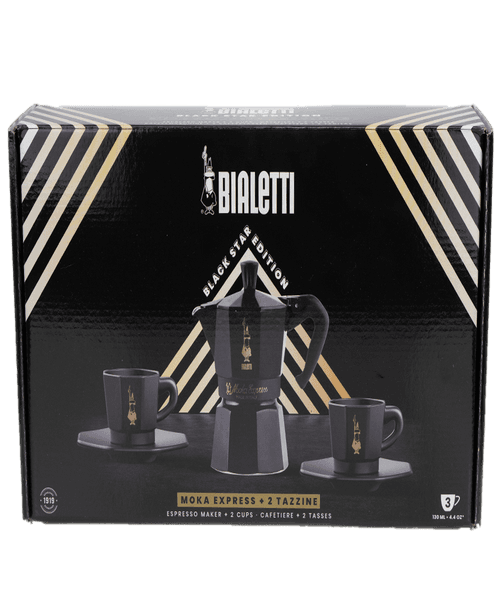 Black Star Edition Moka Express 3 Cups Plus 2 Espresso Cups + FREE Bialetti Bag Pack