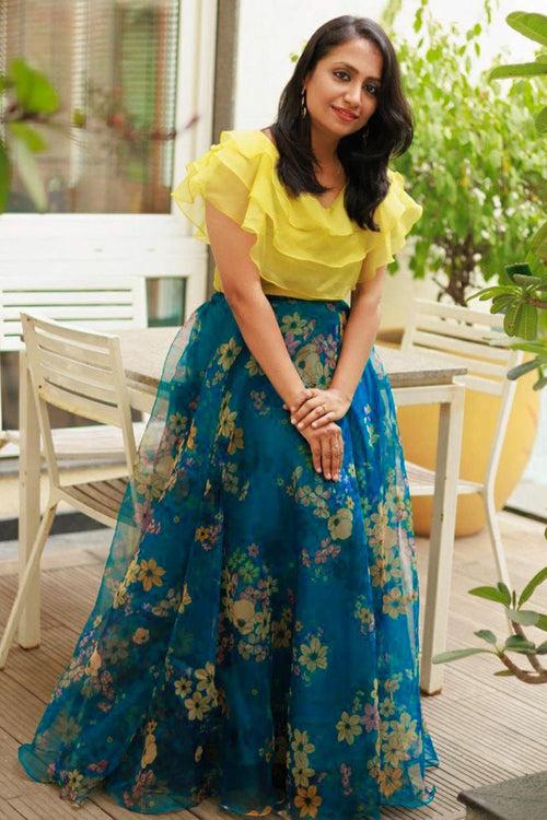 Sky Blue Organza With Floral Printed Lehenga With Yellow Blouse