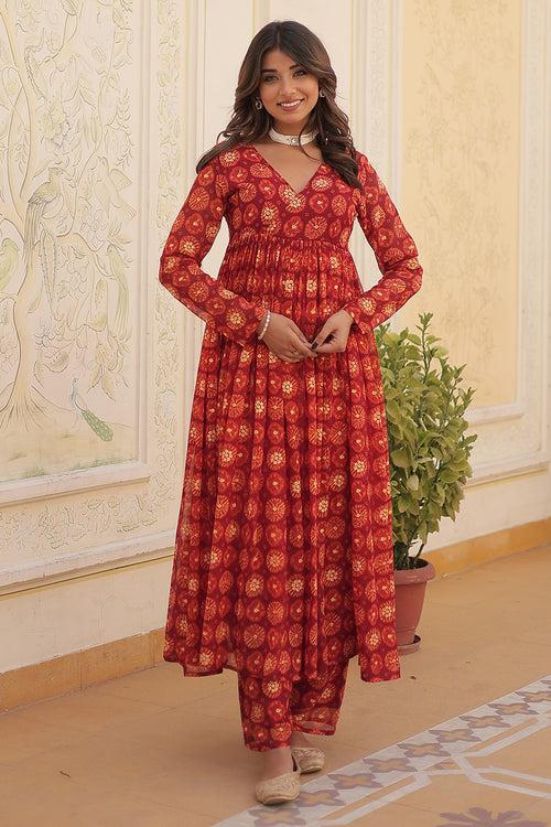 Red Faux Georgette With Foil Printed Work Top With Bottom Set