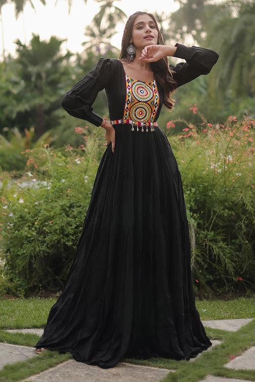 Black Reyon With Kutchi Gamthi Work Gown