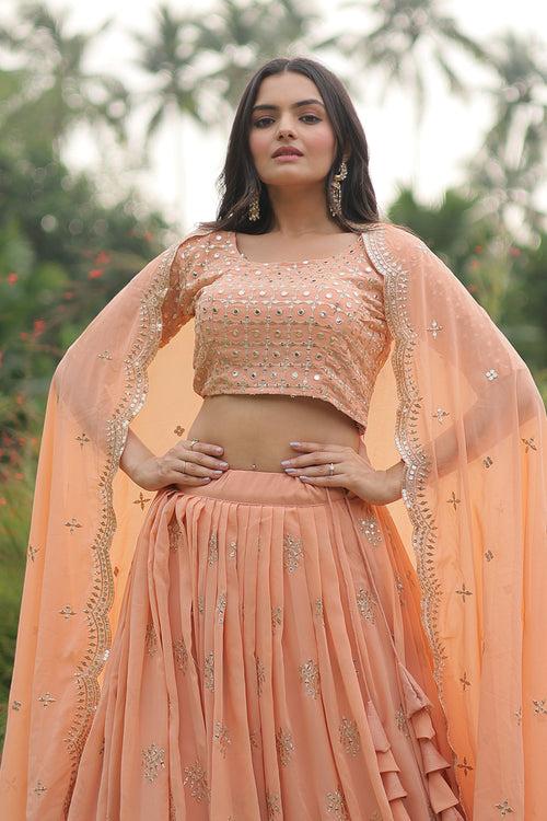 Peach Faux Georgette With Sequins & Zari Embroidered Work Lehenga Choli