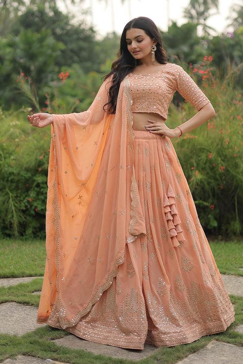 Peach Faux Georgette With Sequins & Zari Embroidered Work Lehenga Choli