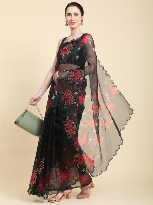 Classic Black Digital Print With Aari Sequence Arco Border Saree