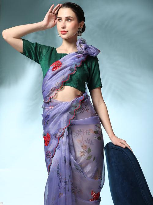 Blue Organza Digital Print With Gotta Work Saree