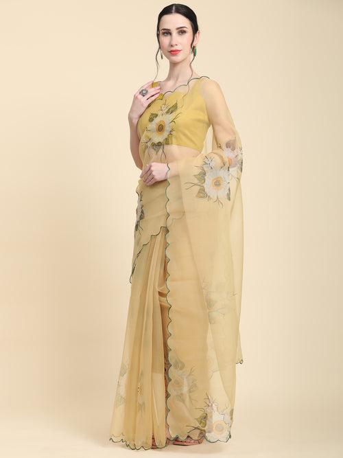 Yellow Organza  Arco Border With Zari Work Saree