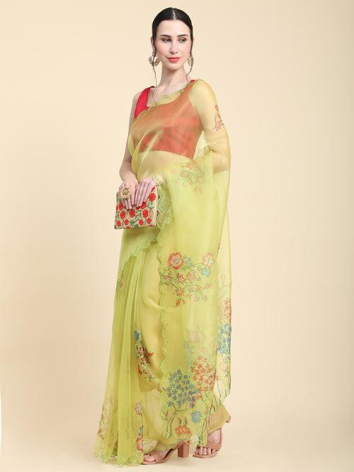 Yellow Organza Floral Digital Printed Saree