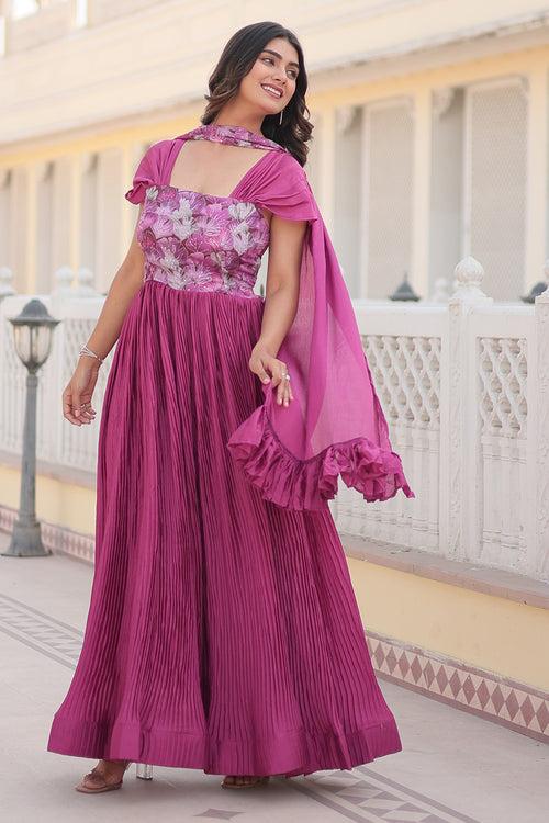 Designer Pink Chinnon Print Work Gown With Dupatta