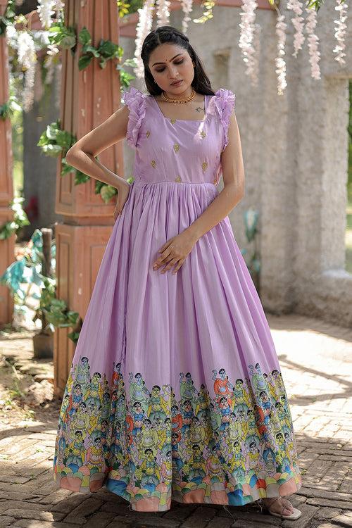Lovender Dola Silk With Designer Printed Gown