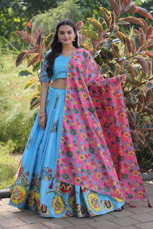 Beautiful Sky Blue Dola Silk Lehenga Blouse Dupatta Set