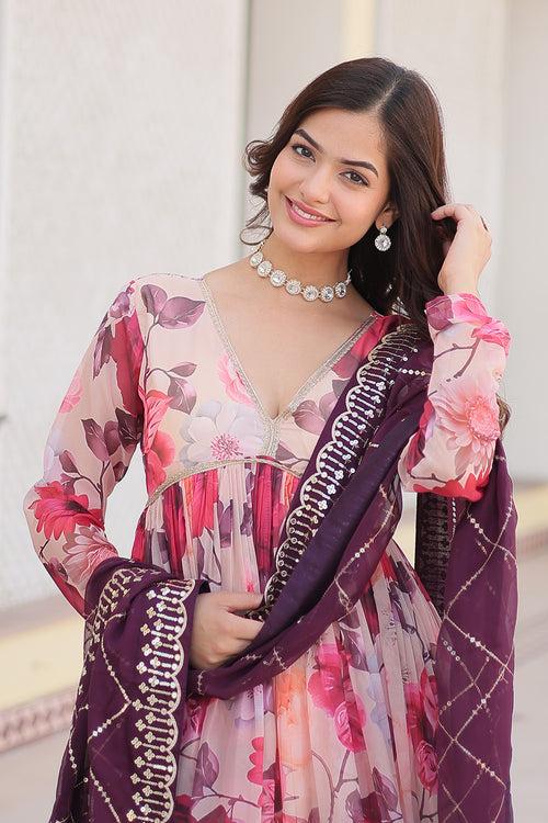 White And Pink Digital Printed Silk Gown With Dupatta Set