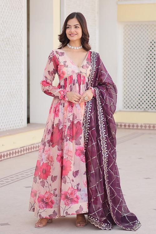 White And Pink Digital Printed Silk Gown With Dupatta Set