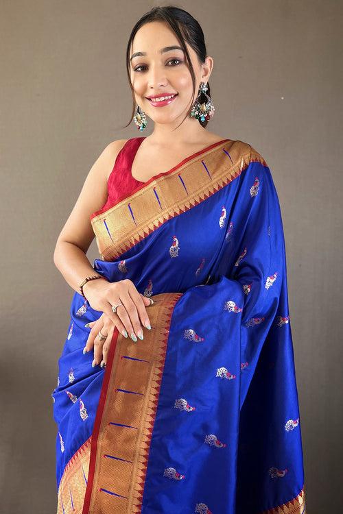 Blue Paithani Silk Saree With Zari Weaving  Border