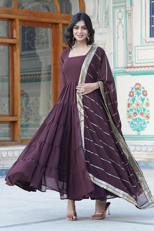 Latest Brown Faux Georgette Gown With Designer Dupatta