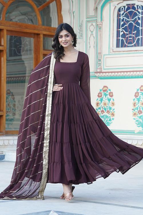 Latest Brown Faux Georgette Gown With Designer Dupatta