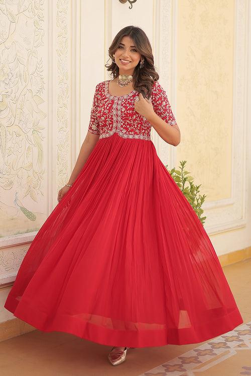 Red Faux Blooming With Embroidery Zari Work Gown