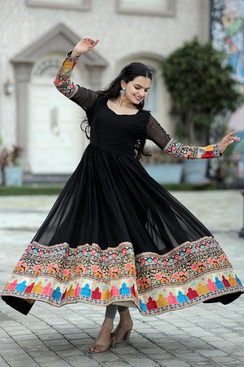 Black Faux Blooming Embroidered Work  Gown