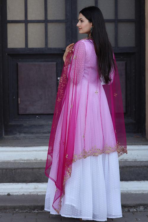 White Faux Georgette Gown With Pink Dupatta