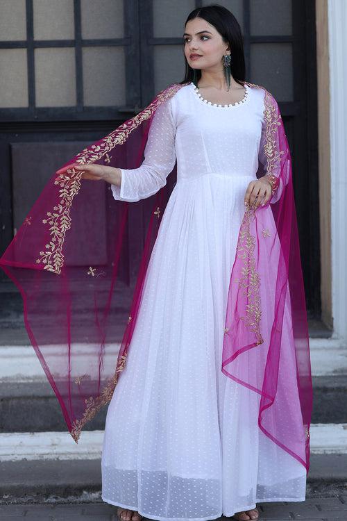 White Faux Georgette Gown With Pink Dupatta