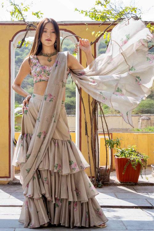 Moss Green Ruffle Saree & Blouse Set