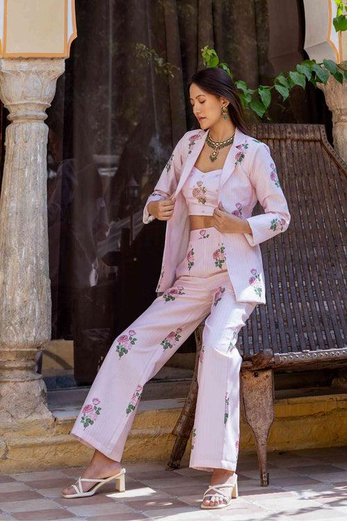 Sweet Pink Striped Pantsuit & Blouse Set