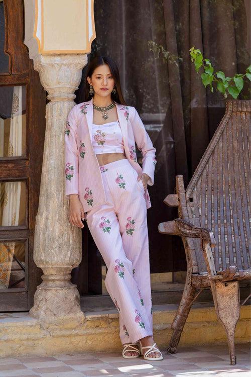 Sweet Pink Striped Pantsuit & Blouse Set