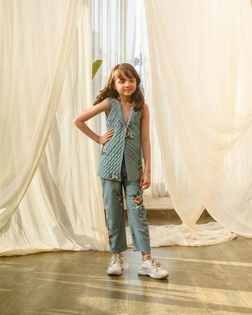 Dusty Teal Quilted Pant Suit Kids