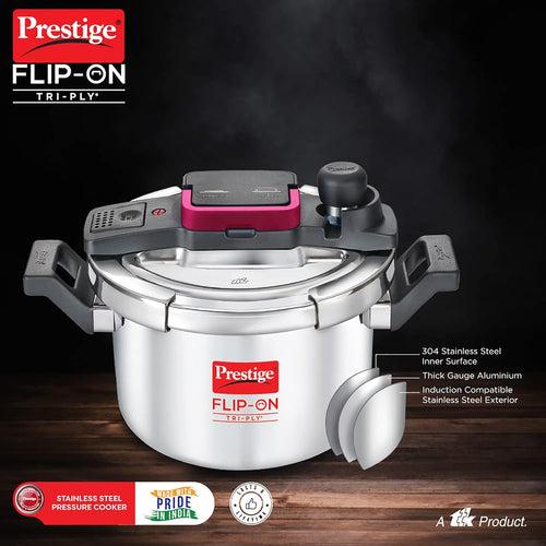 Prestige FLIP-ON TRI-PLY Stainless Steel Pressure Cooker with Glass Lid 18cm (3 Litres, Innovative Lock Lid with Spillage Control) - 20711