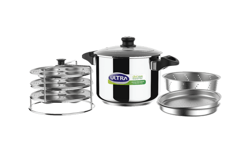 Elgi Ultra Stainless Steel Diet Steamer (12 idlies, 1 Vegetable Steamer Tray, 2 Dhokla / Kozhukattai Trays)