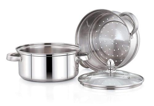 Pigeon Elantra Stainless Steel 2 Tier Steamer Pot Set with Glass Lid | Pasta Steamer Momo/Modak Maker | Vegetable Steamer | Rice Steamer 20 cm | Induction and Gas Stove Compatible - 50313