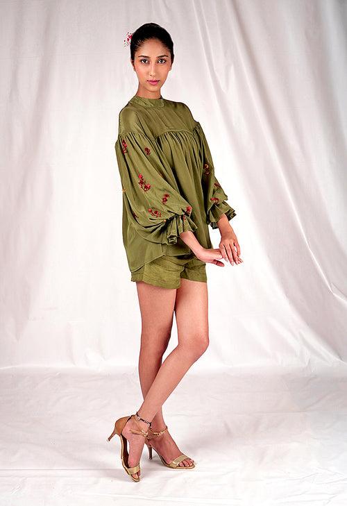 Seesa-Green Moss top with puff sleeves