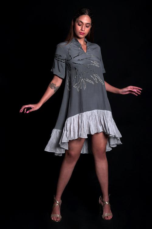 SEESA - Titanium Dress With Printed Ruffles