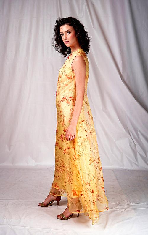 SEESA-Yellow long dress with shibori print and embroidery details