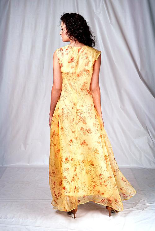 SEESA-Yellow long dress with shibori print and embroidery details