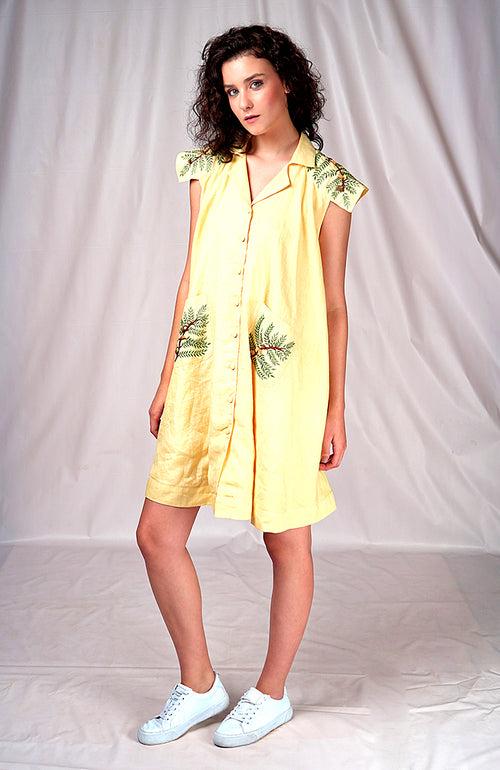 SEESA - Yellow shirt dress with leaf embroidery