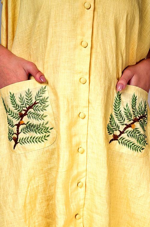 SEESA - Yellow shirt dress with leaf embroidery