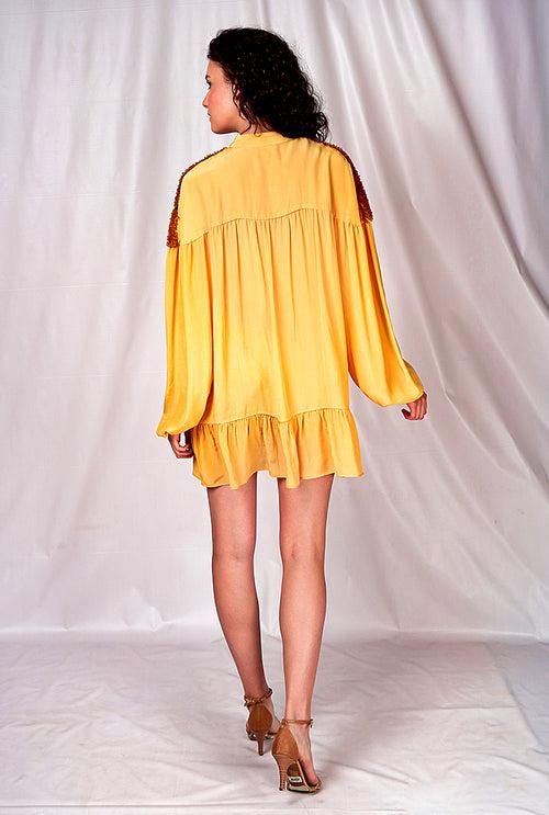 SEESA-Yellow summer dress with floral hand-embroidery
