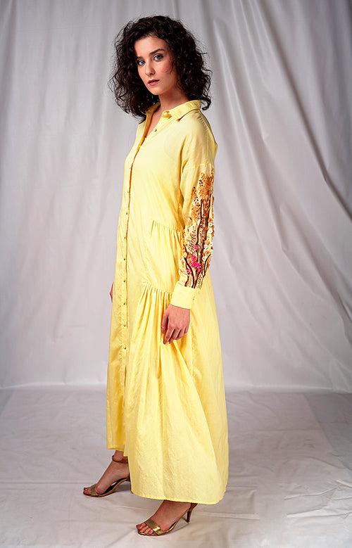 SEESA - Yellow long dress with embroidery details on sleeves